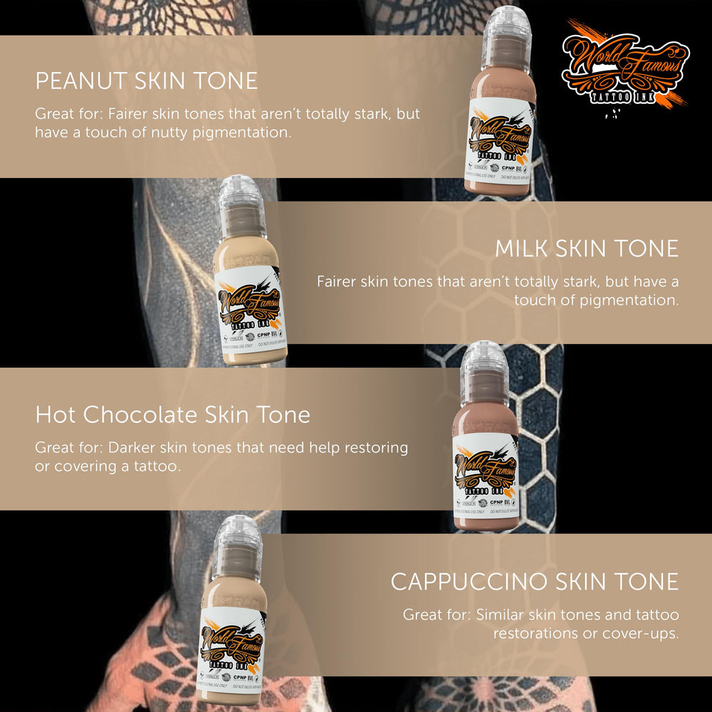 World Famous Tattoo Ink high-opacity skin tones designed for bold covers.