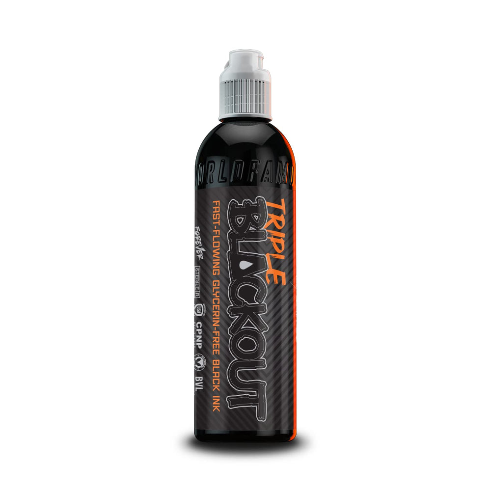 World Famous Tattoo Ink Triple Blackout bottle front for bold shading in professional tattoos