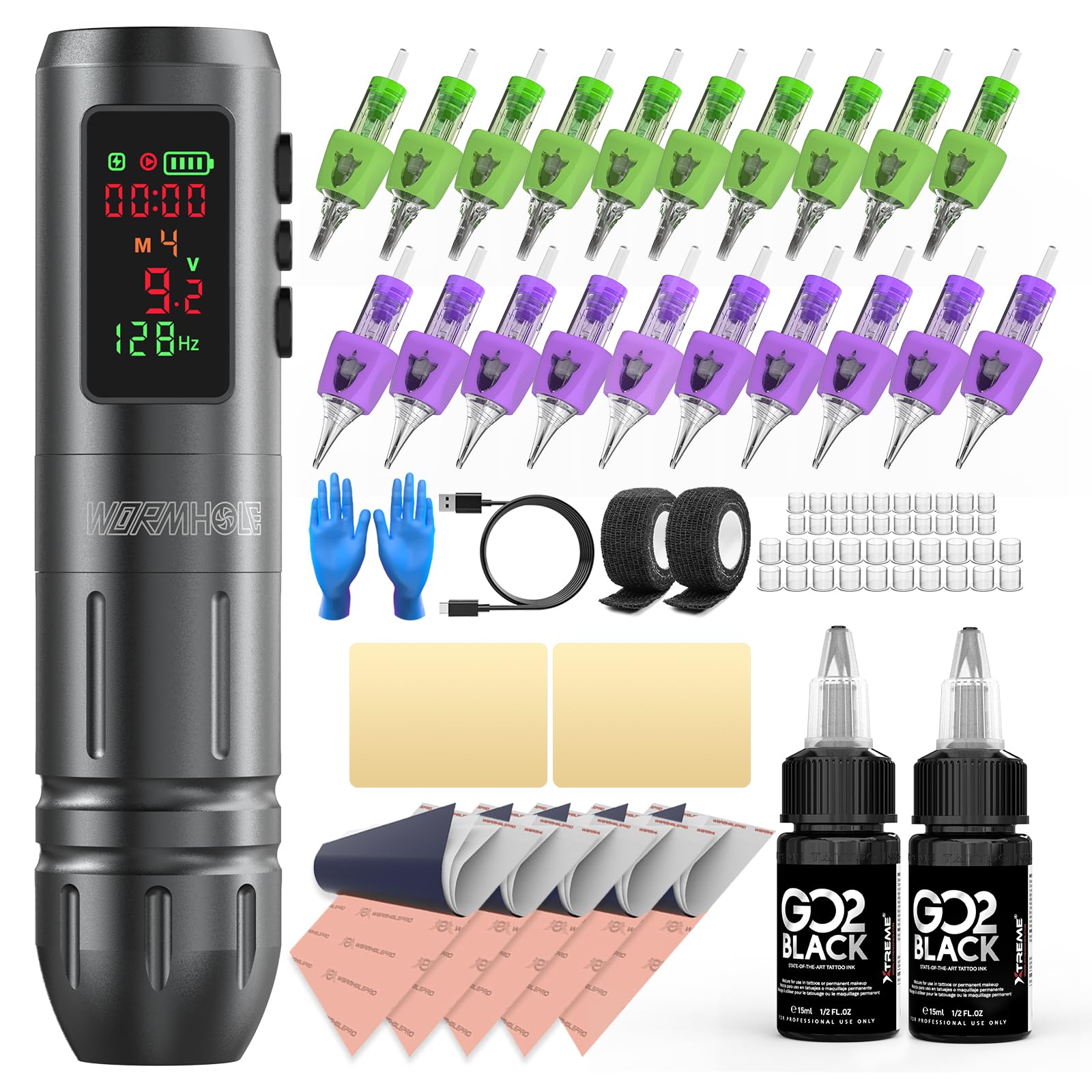 Wormhole Tattoo Gun Kit with 1600mAh battery for cordless sessions