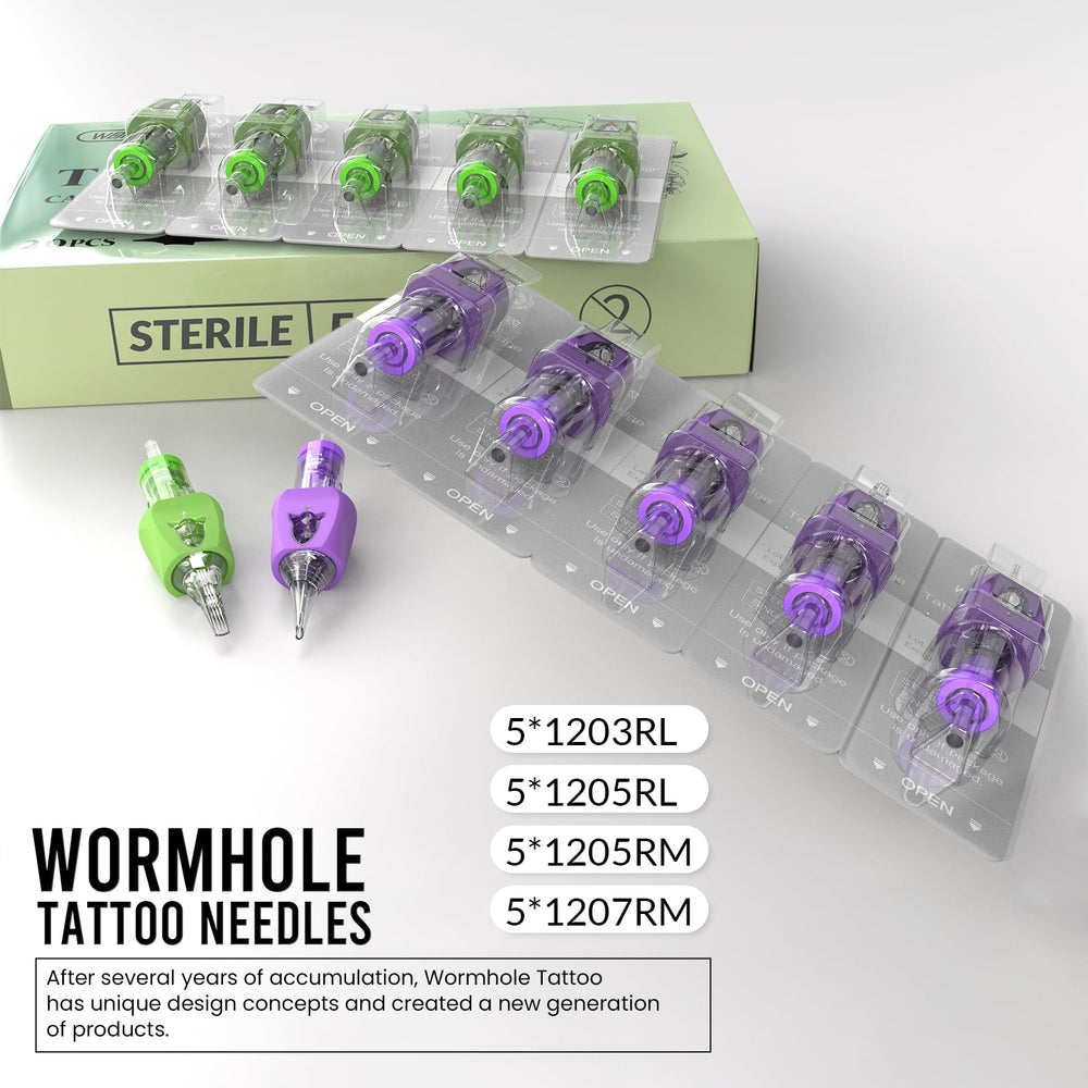 Wormhole Tattoo 1003RL cartridge for smooth ink uptake and steady lines.