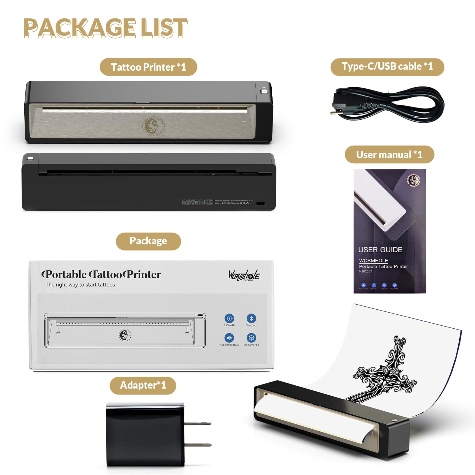 Wormhole Tattoo stencil printer box includes charger and manual