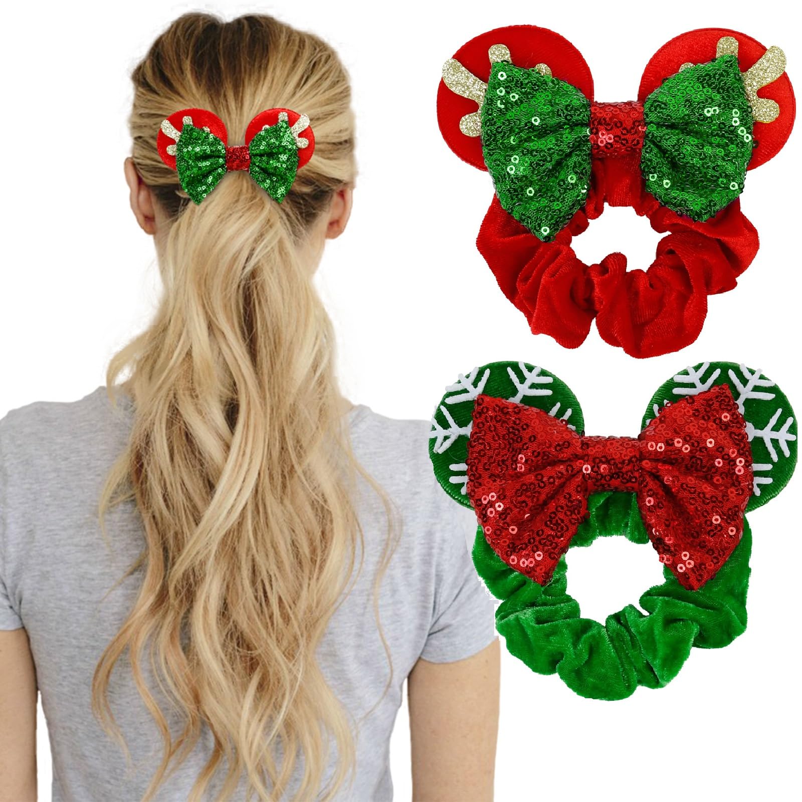 WOVOWOVO red velvet mouse ear scrunchies for a festive Disney-style ponytail