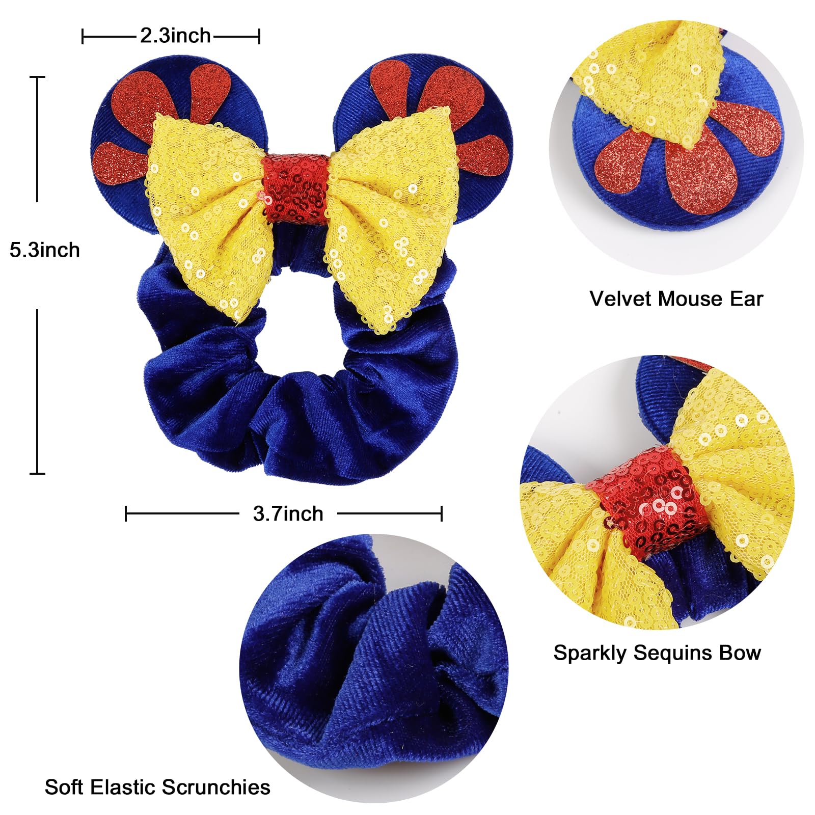 WOVOWOVO velvet mouse ear scrunchies close-up showing soft fabric and sparkle