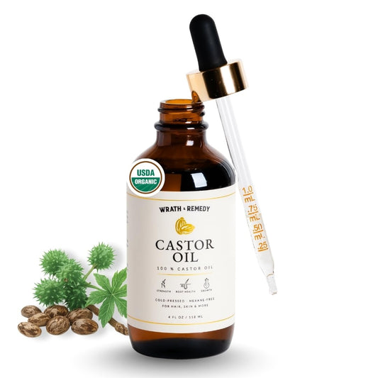 Wrath & Remedy castor oil bottle pour for precise scalp and lash application.