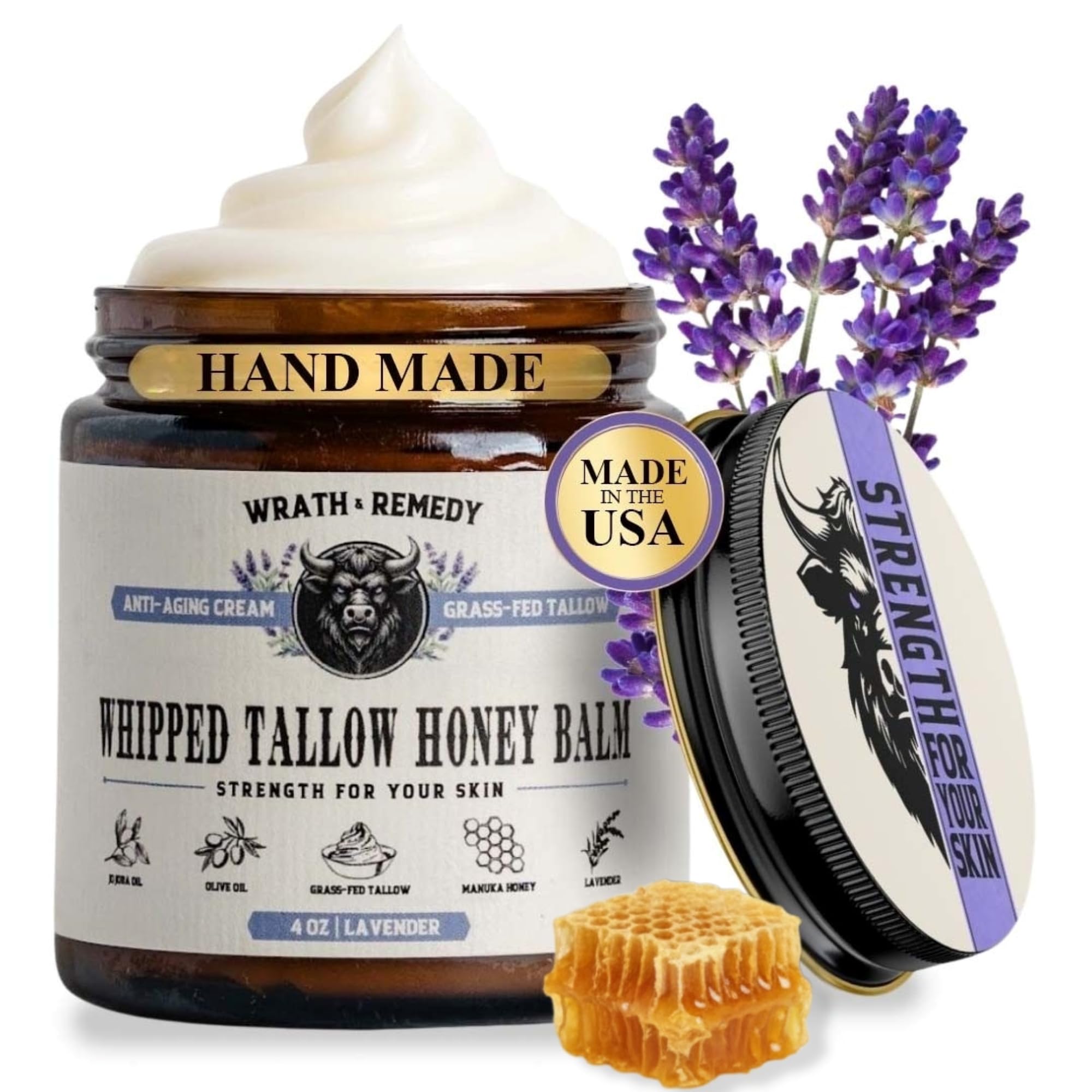Wrath & Remedy organic beef tallow lavender jar showing rich hydration for dry skin
