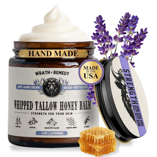 Wrath & Remedy organic beef tallow lavender jar showing rich hydration for dry skin