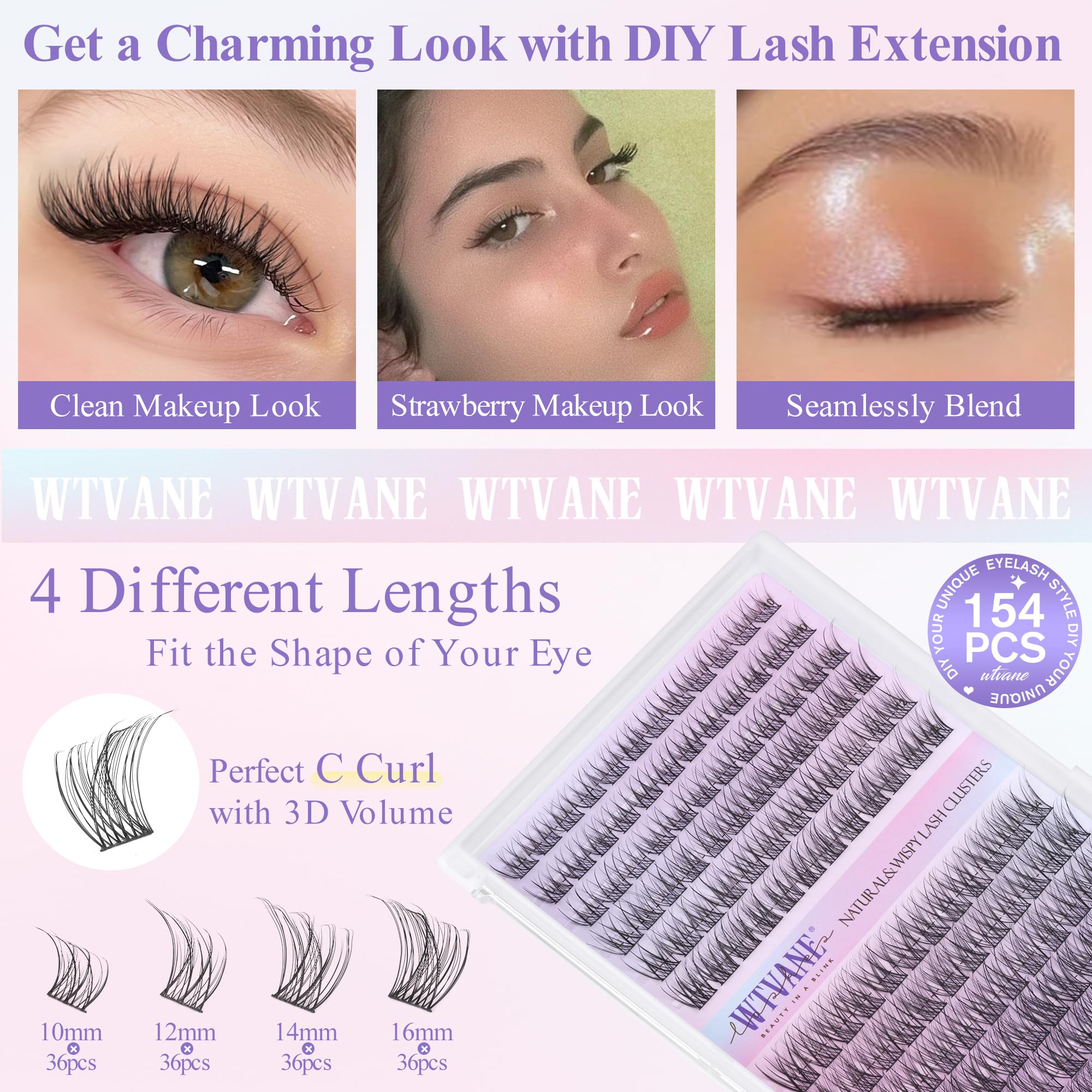 Wtvane C-curl lash clusters with thin soft band for seamless blending.