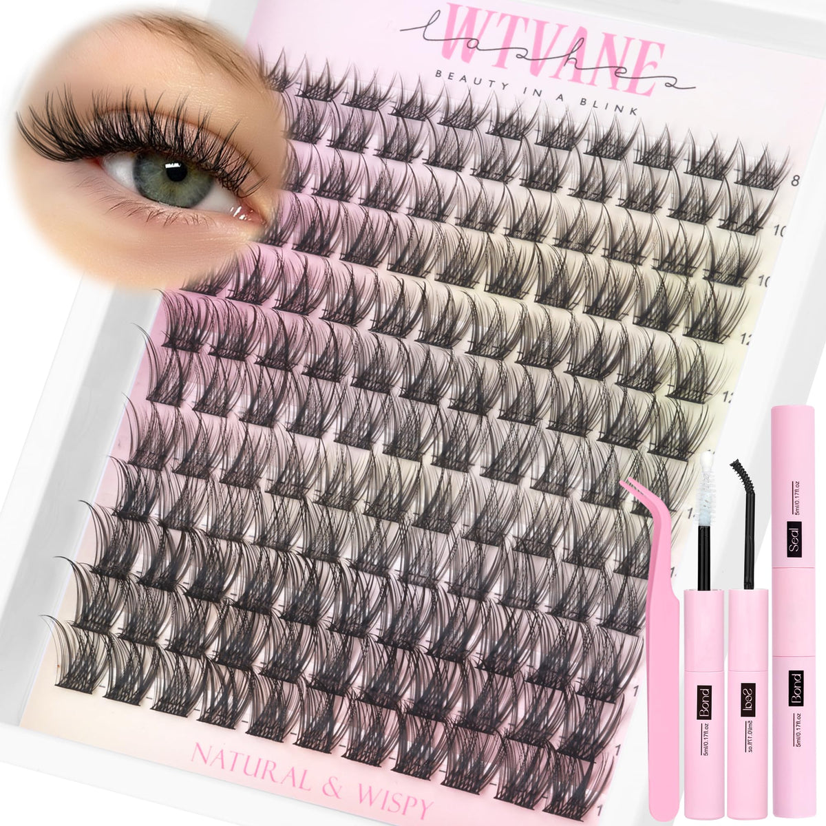 Wtvane Lash Clusters Kit contents for at-home DIY lash extensions