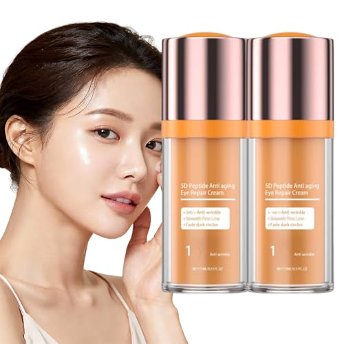 WUEOCU peptide eye cream bottle shows 5D formula for brighter under-eye skin.