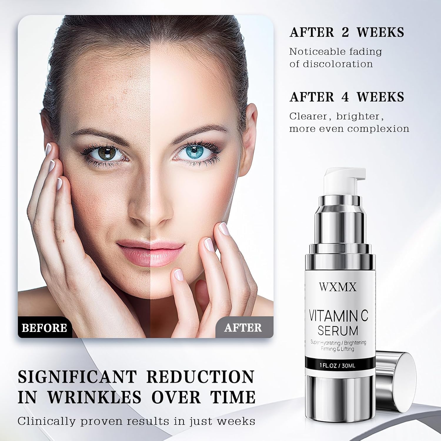 Close-up texture of WXMX Super C Serum showing smooth finish
