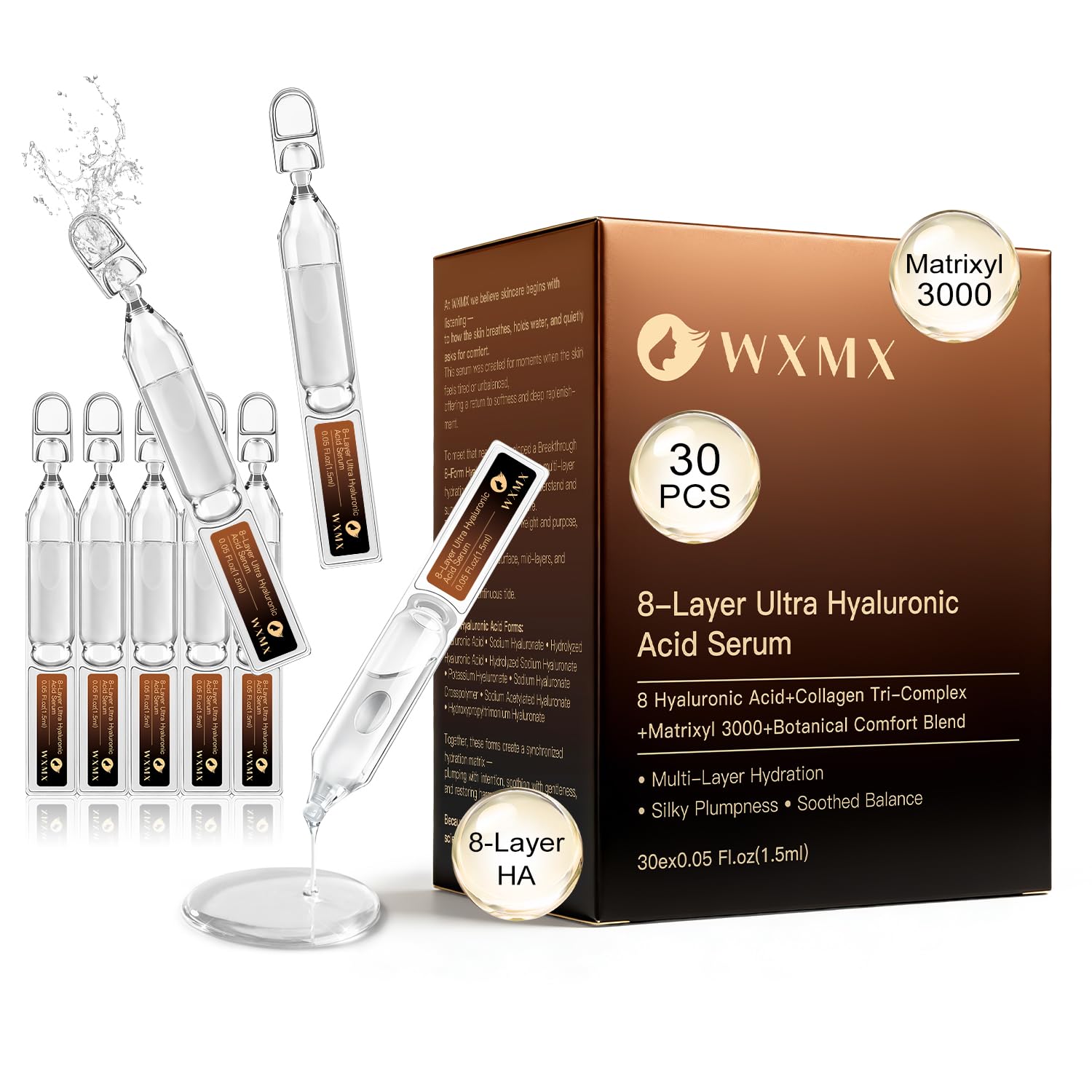 WXMX Ultra Hyaluronic Serum bottle showing 8 HA forms for deep hydration