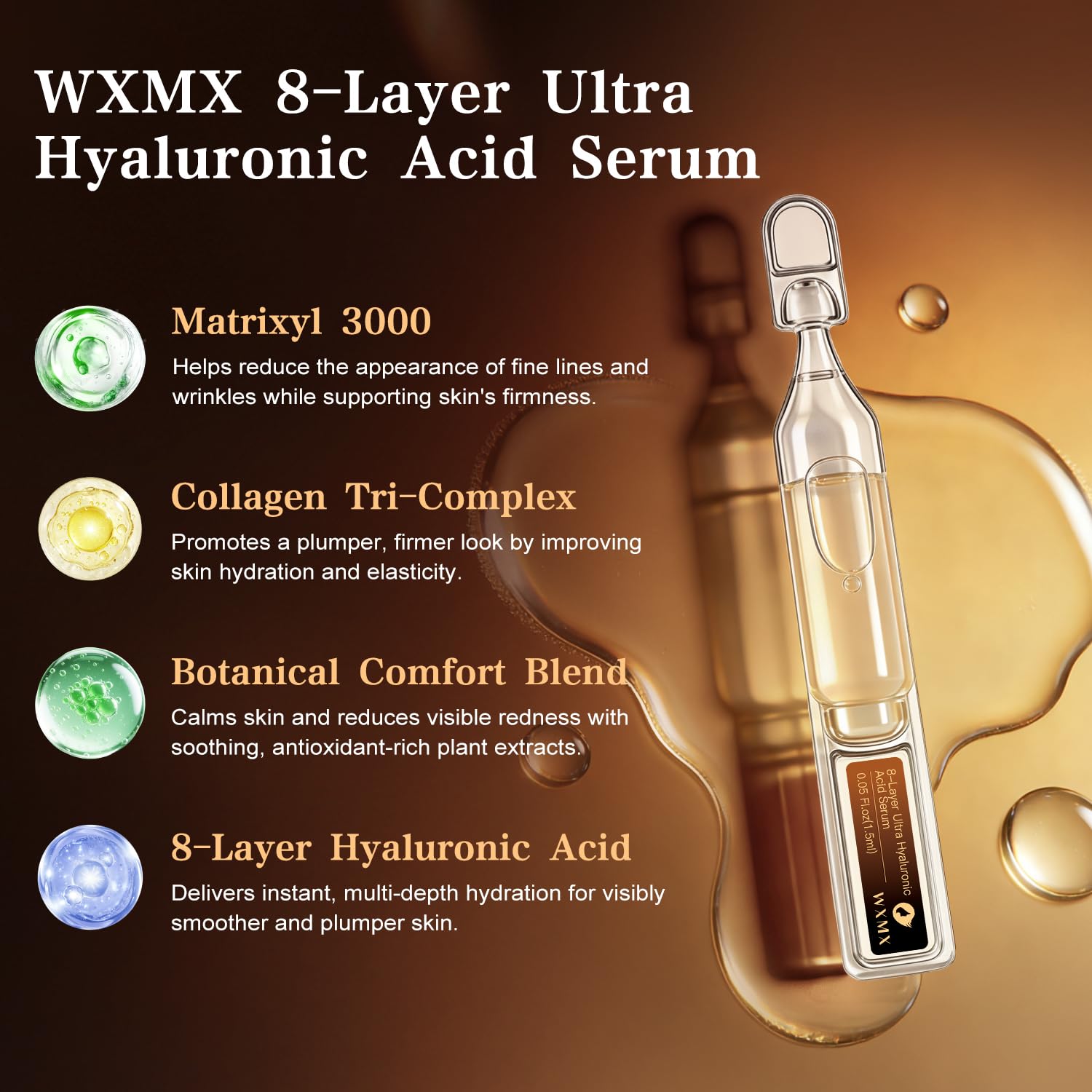 Texture close-up of WXMX serum, silky and fast-absorbing