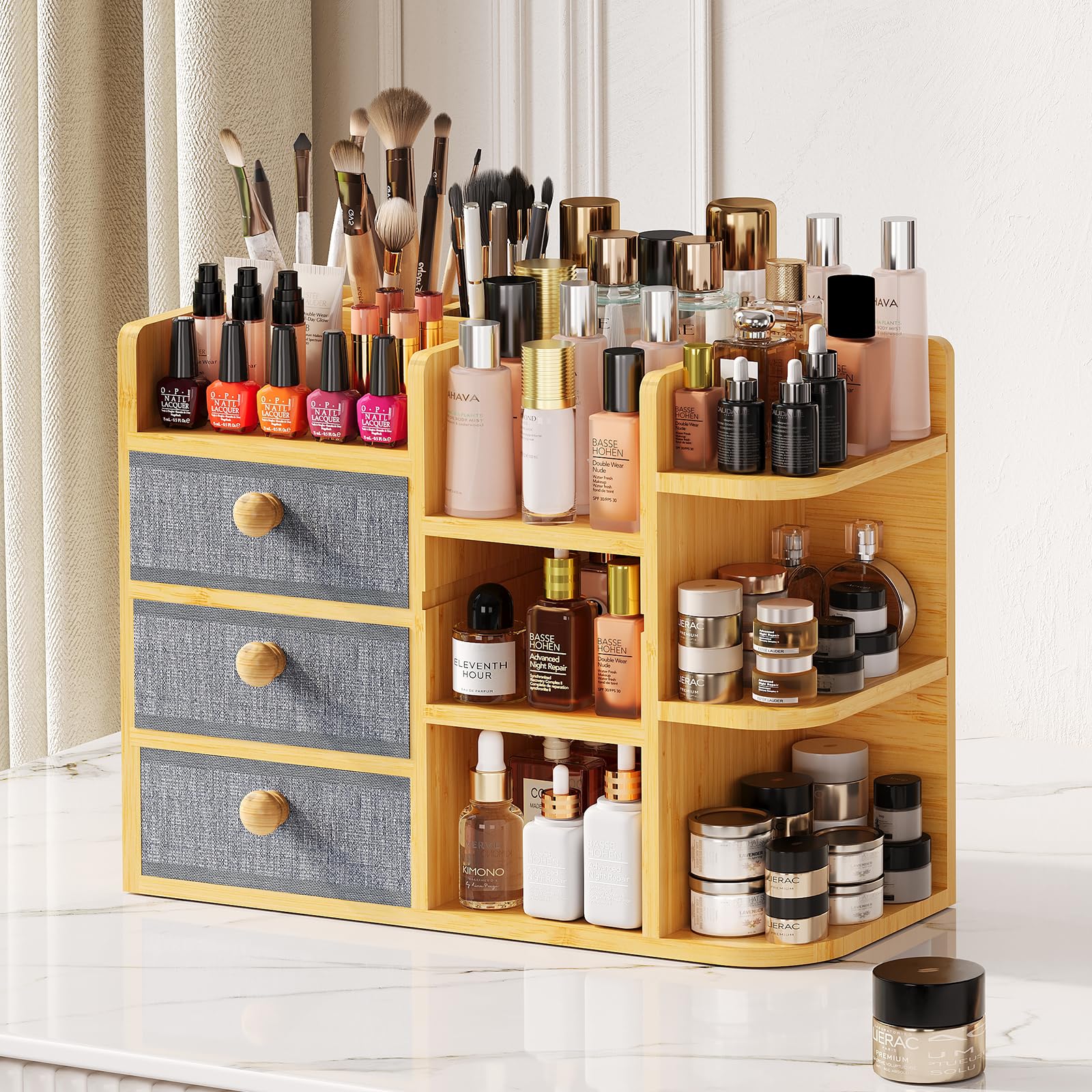 X-cosrack large makeup organizer on vanity with 3-tier bamboo design