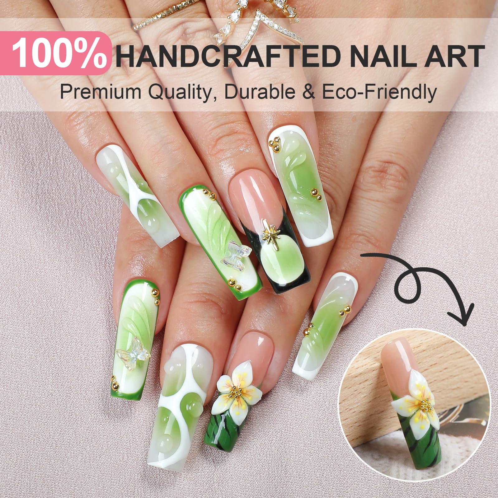 XGV medium-long square nails in nude-pink with floral detailing for daily wear