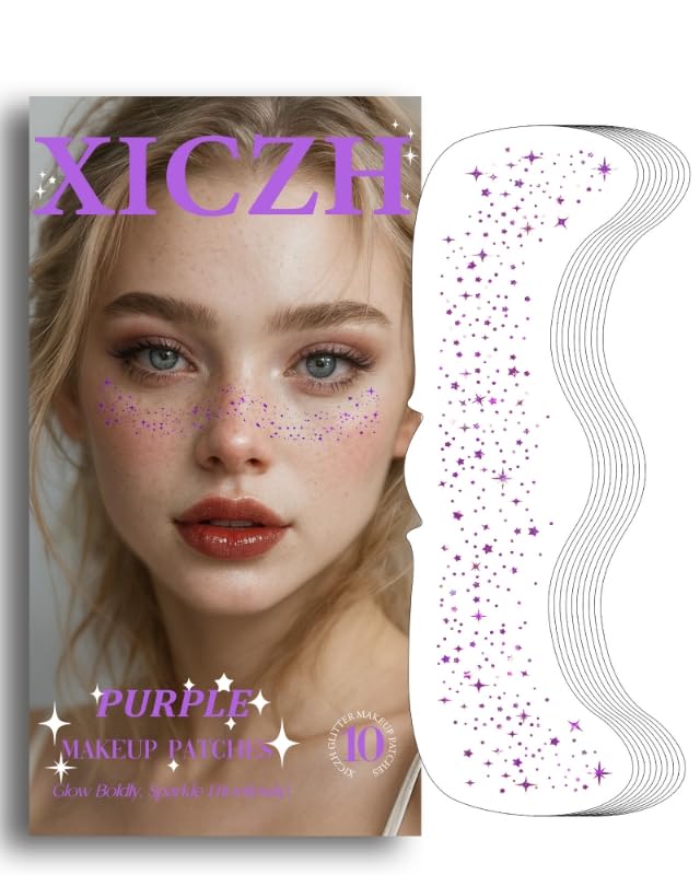 XICZH purple face glitter sticker pack adds bold shimmer for night-out looks.