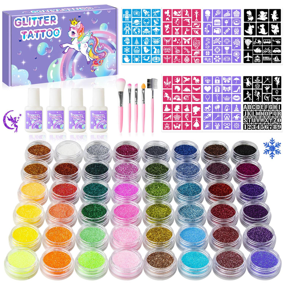 XiQiDianr temporary glitter tattoos kit with 48 colors for party fun and kids' creativity.