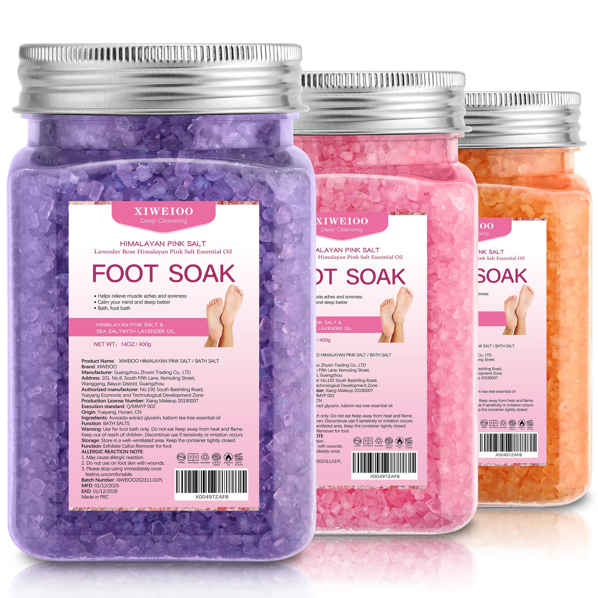 XIWEIOO foot soak kit 2-pack with Himalayan pink salt for home spa relaxation.