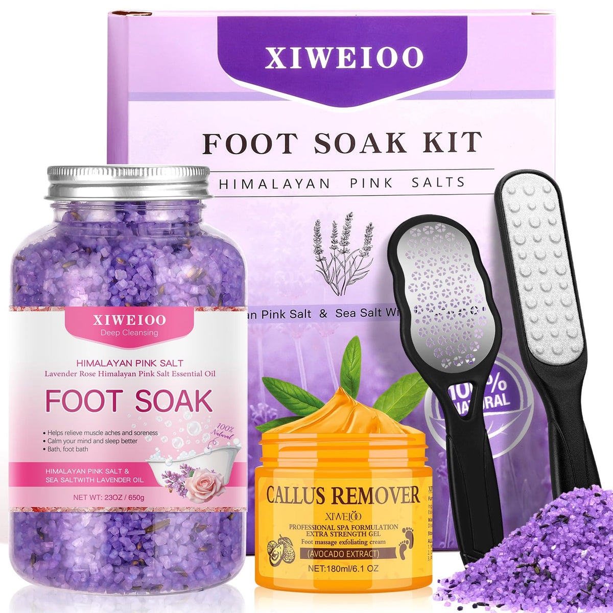 XIWEIOO Himalayan foot salt lavender bottle for a calming soak and mood-boosting fragrance.