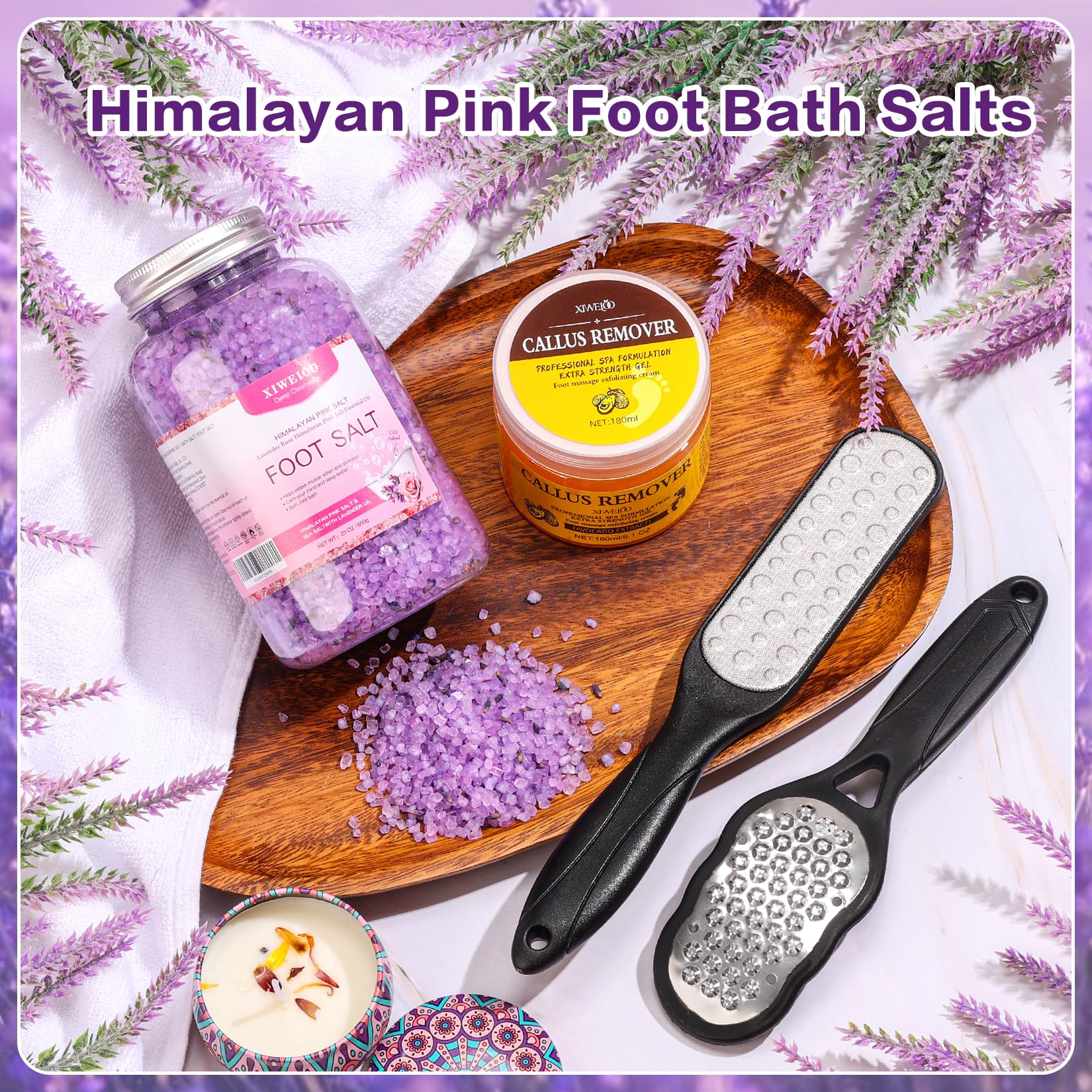 XIWEIOO Himalayan foot salt rose bottle for gentle exfoliation and uplifting aroma.
