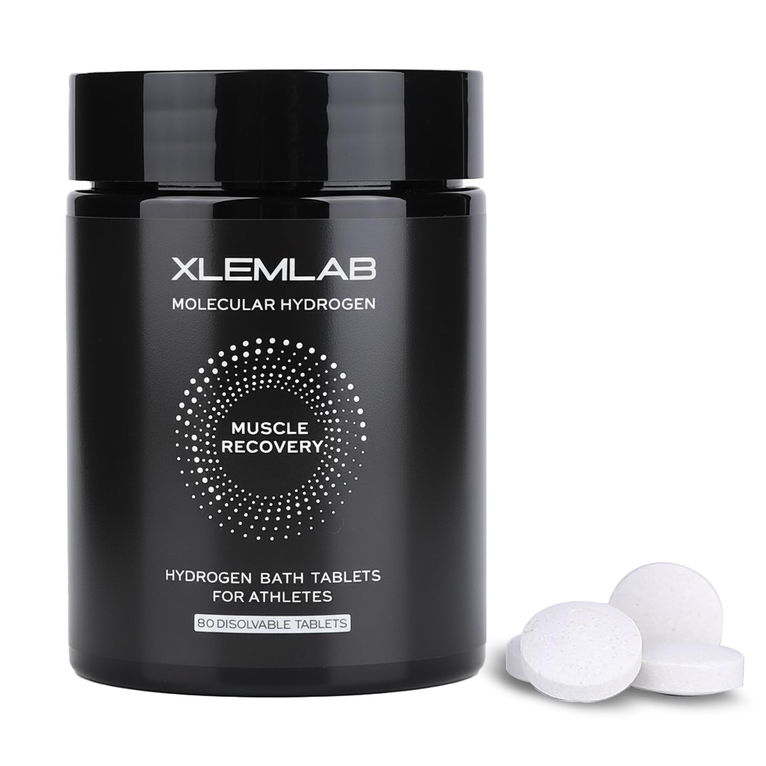 XLEMLAB hydrogen bath tablets in a jar front for post-workout recovery.