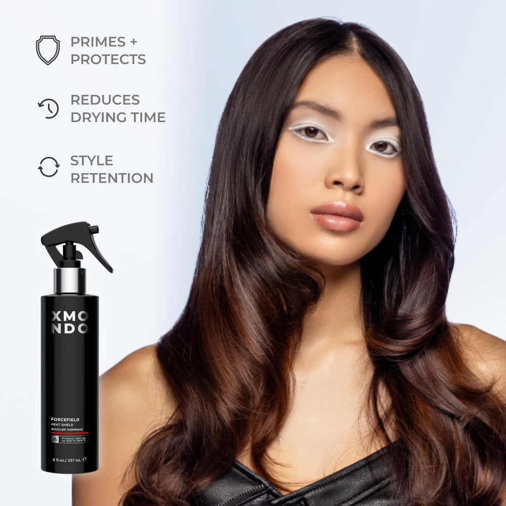 XMONDO Hair Forcefield applied to damp hair before blow-drying for quicker styling.