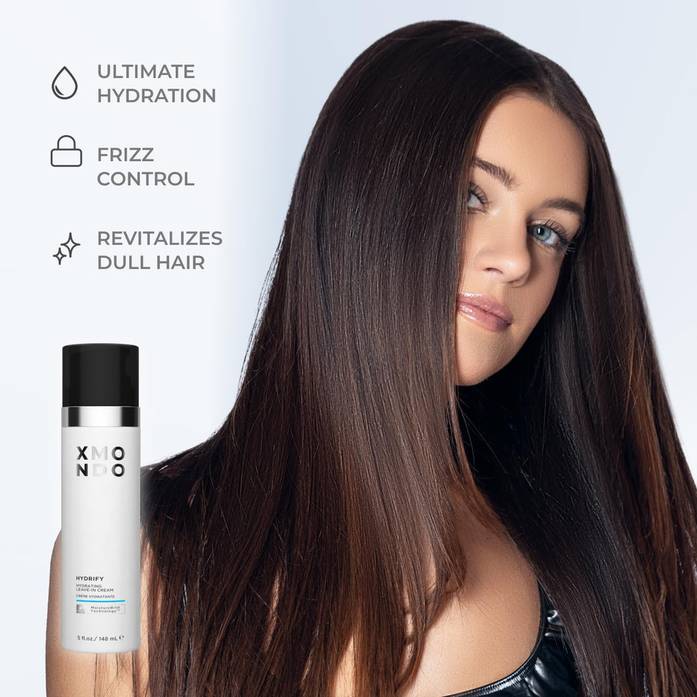 XMONDO Hydrify applied on damp hair smoothing mid-lengths to ends.