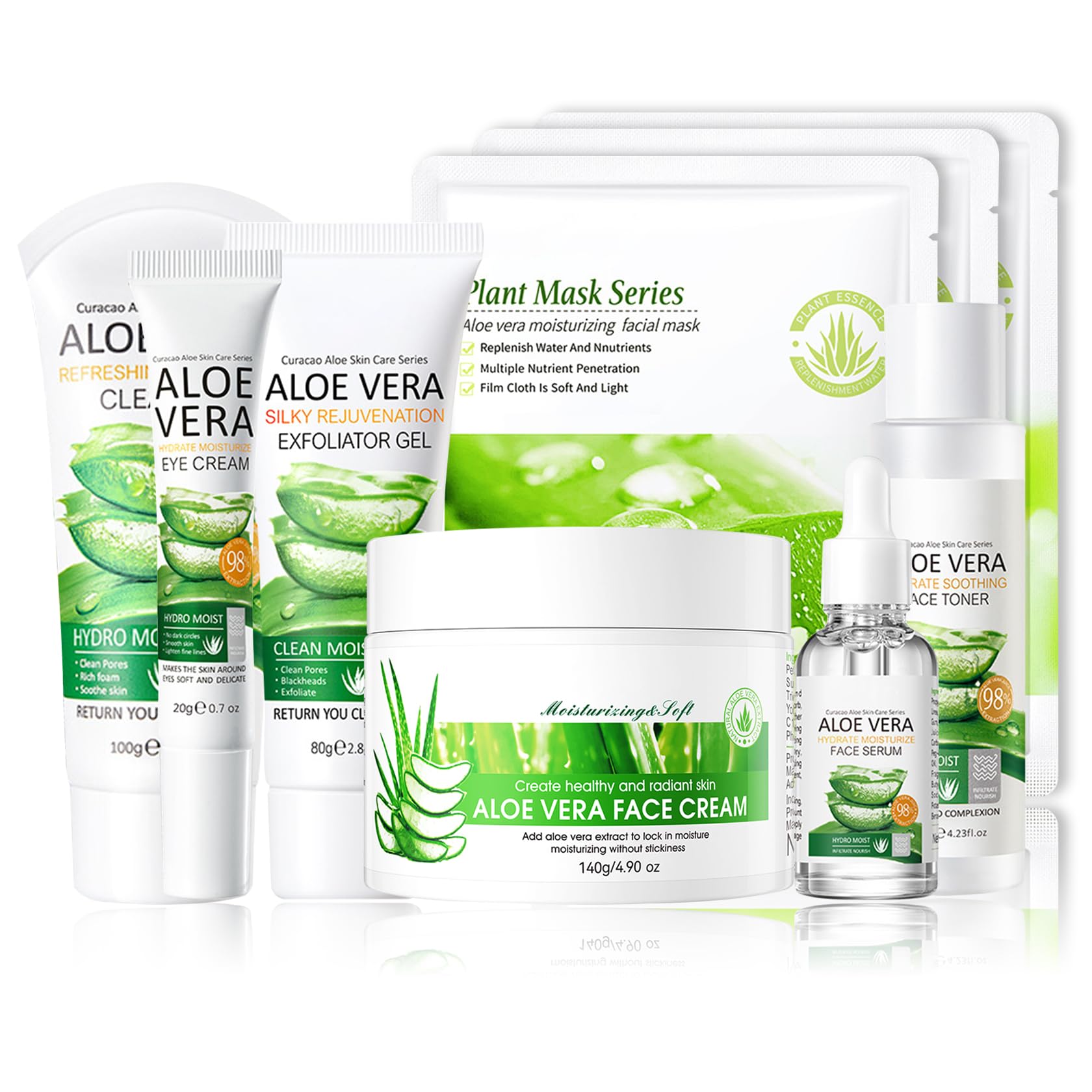 XMXueMei Aloe Vera Face Skincare Set with masks for daily hydration and a calm complexion.
