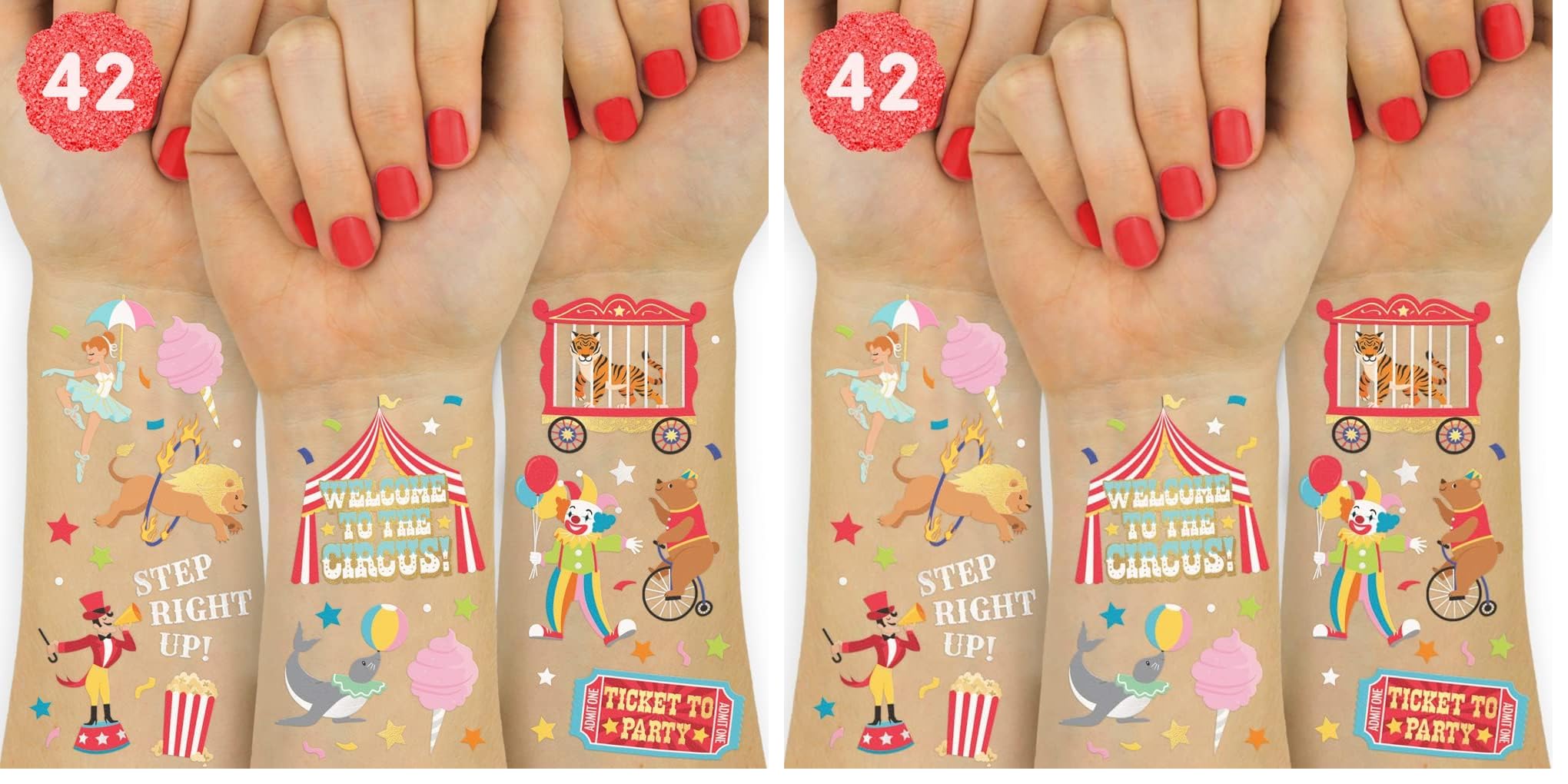 xo-fetti circus tattoos with gold and silver foil circus animals for lively party decor.