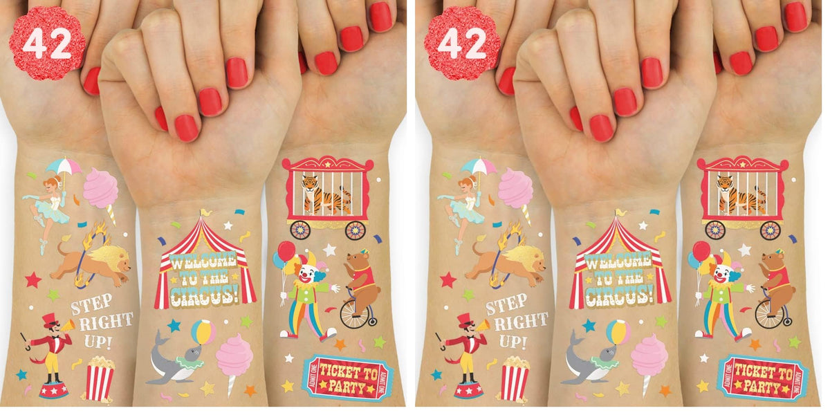 xo-fetti circus tattoos with gold and silver foil circus animals for lively party decor.