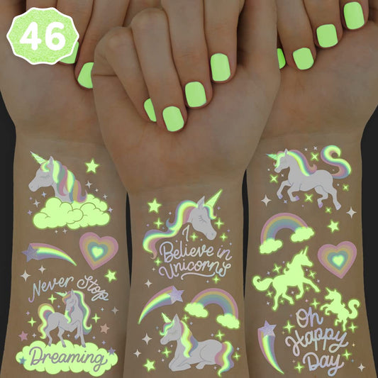xo Fetti rainbow unicorn tattoo sheet glow in the dark for kids’ party favors