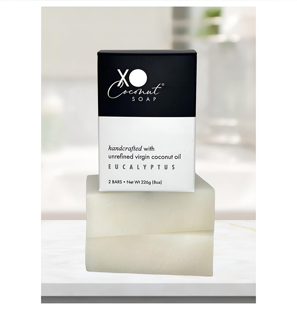 XO COCONUT eucalyptus essential oil soap with woodsy aroma for refreshing showers