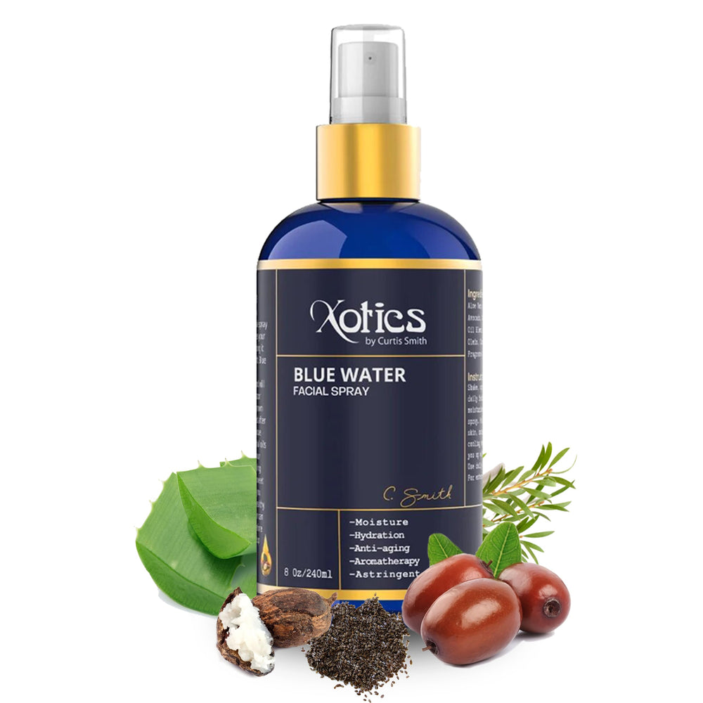 Xotics Blue Water packaging highlights portable 8oz bottle