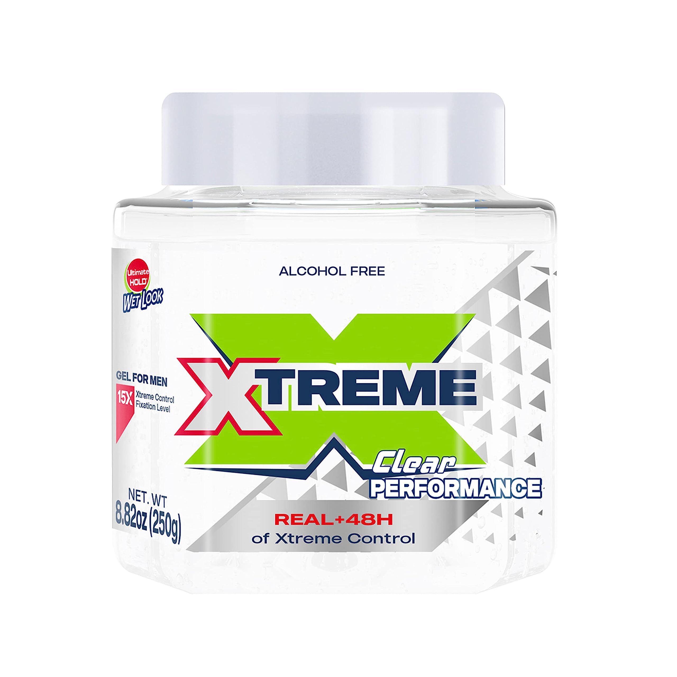 Xtreme Performance Clear Styling Gel jar close-up showing strong hold for sleek styles.