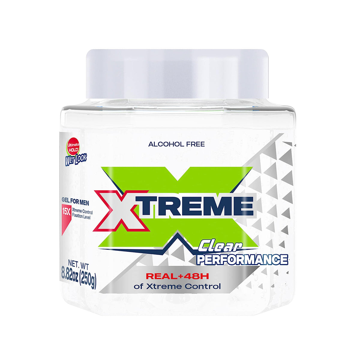 Xtreme Performance Clear Styling Gel jar close-up showing strong hold for sleek styles.