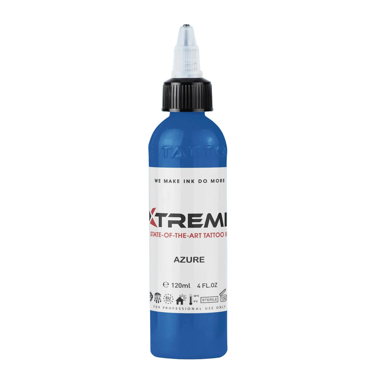 XTREME Tattoo Ink Azure bottle shows vivid color for precise lines.