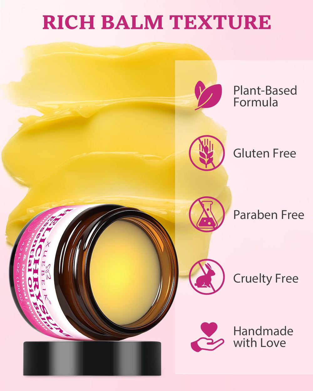 XUEBEIK Helichrysum balm being rubbed into hands for softness and hydration