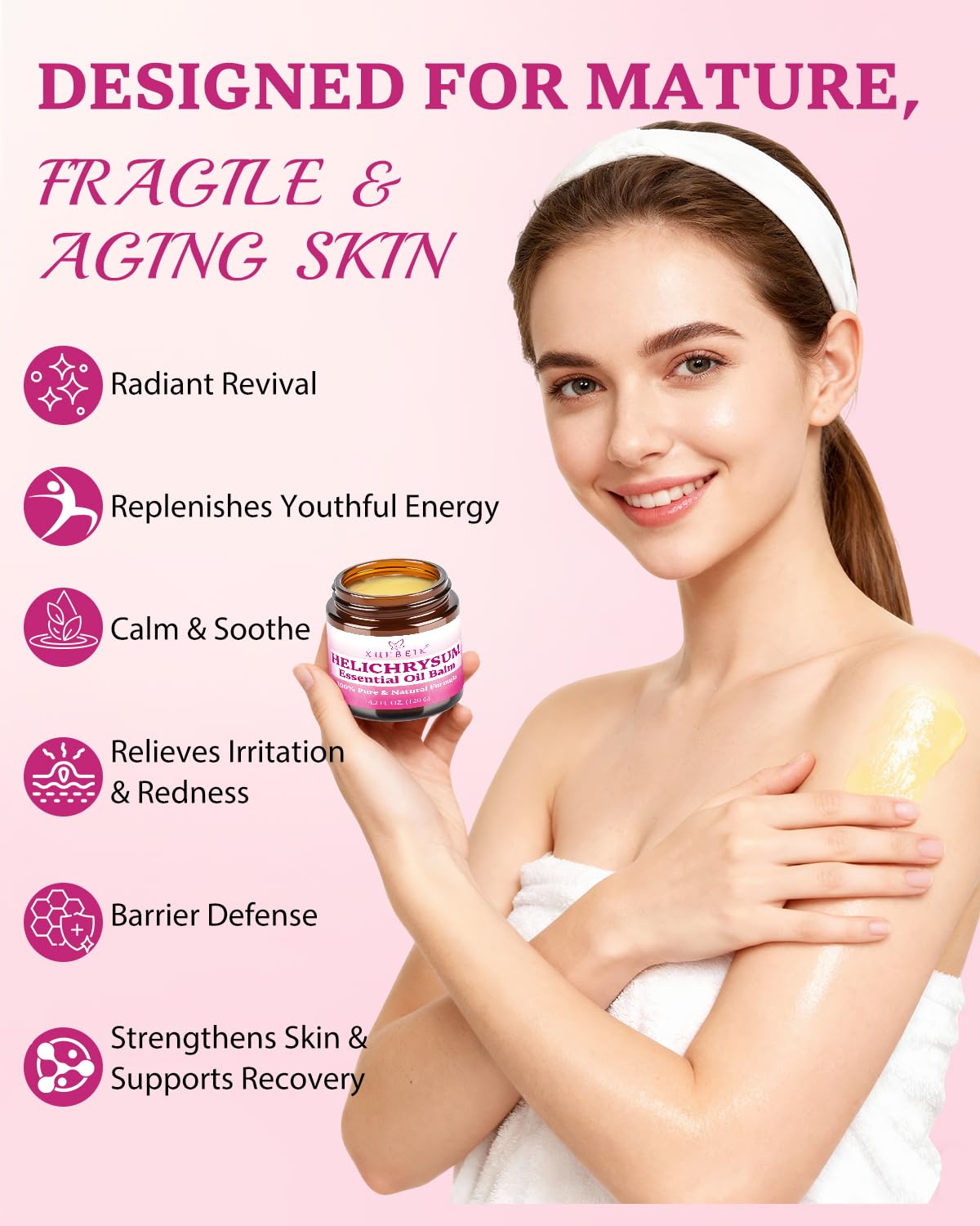 XUEBEIK Helichrysum balm label close-up highlighting natural ingredients for gentle skin care