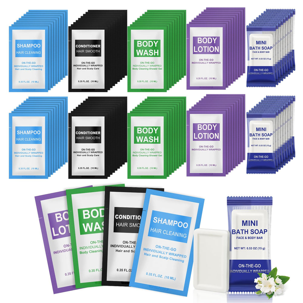 Xuezoioy 50-pcs 5-in-1 hotel toiletries bulk set in guest room display
