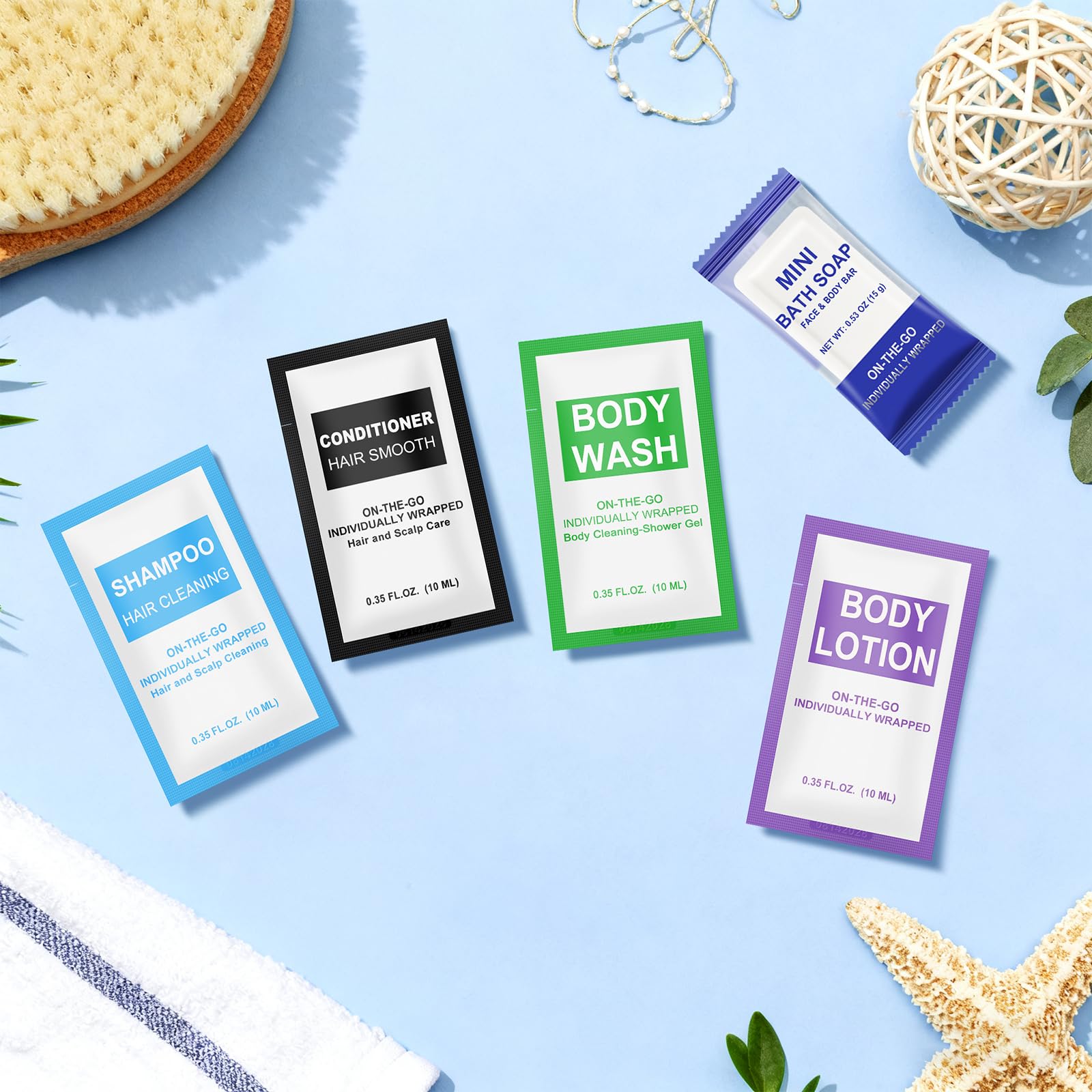 Xuezoioy travel-size toiletries kit, ideal for hotels and resorts.