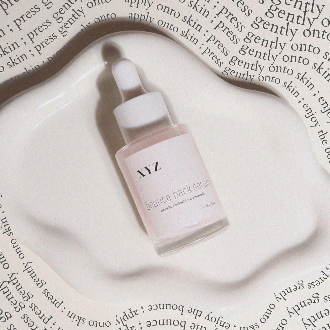 XYZ Skin Bounce Back Serum ingredients panel highlights vegan cruelty-free formula
