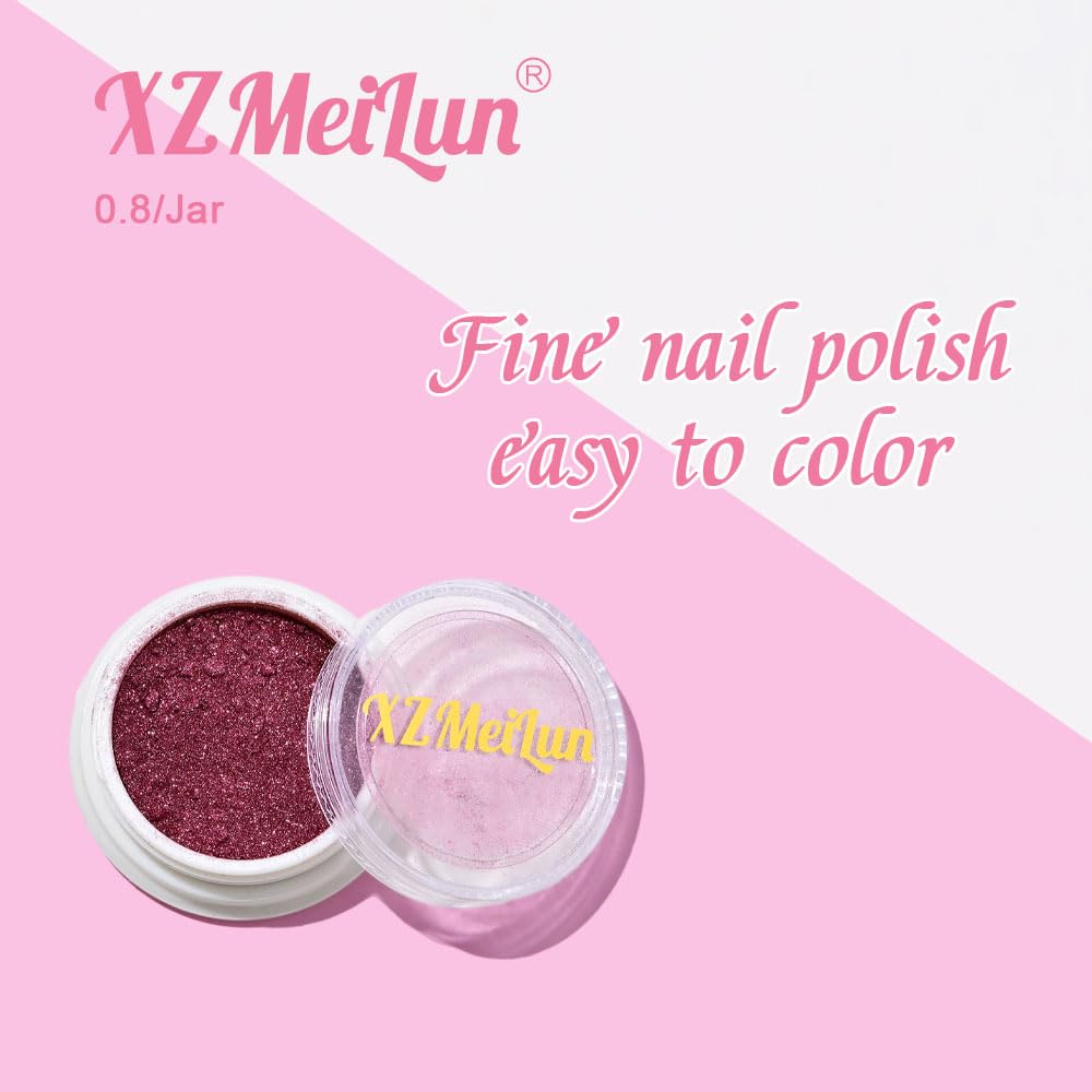 XZMeiLun powder applied over black base nail swatch showing dramatic color shift