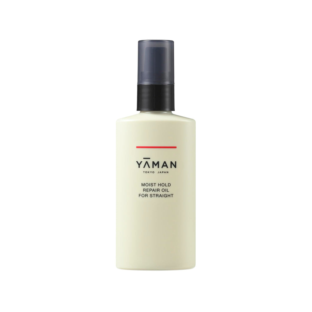 YA-MAN Moist Hold Repair Oil bottle closeup highlighting heat protection and glossy finish.