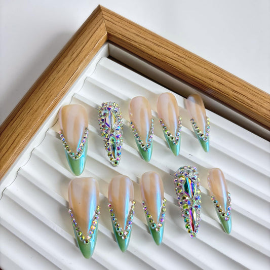 Yabonica French Tip press-on nails in blue 039 with 3D rhinestones for at-home glamour