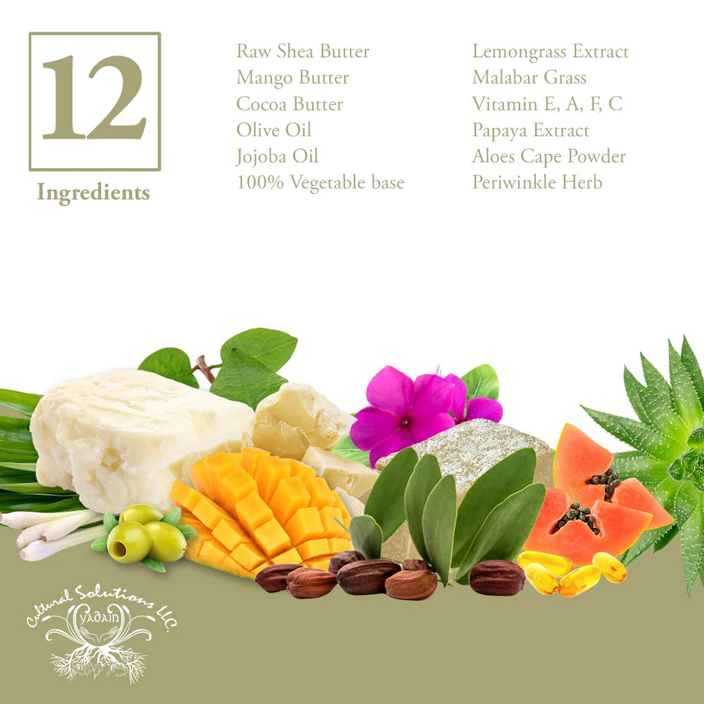 Yadain Lemongrass Extreme Body Butter pea-size scoop showing cream.