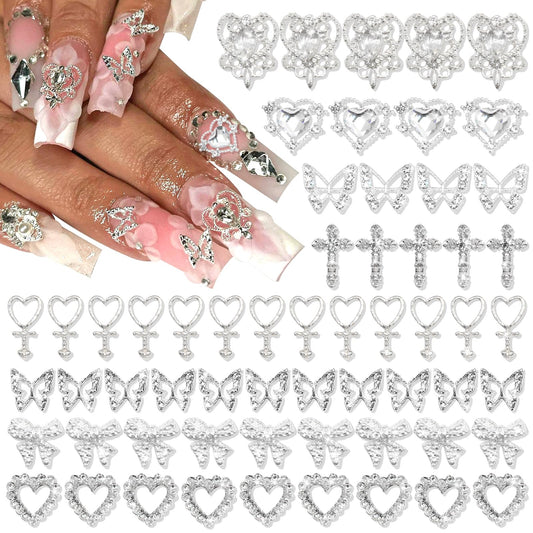 YAEISM 105PCS silver nail charms 3D heart adding elegant depth to your manicure