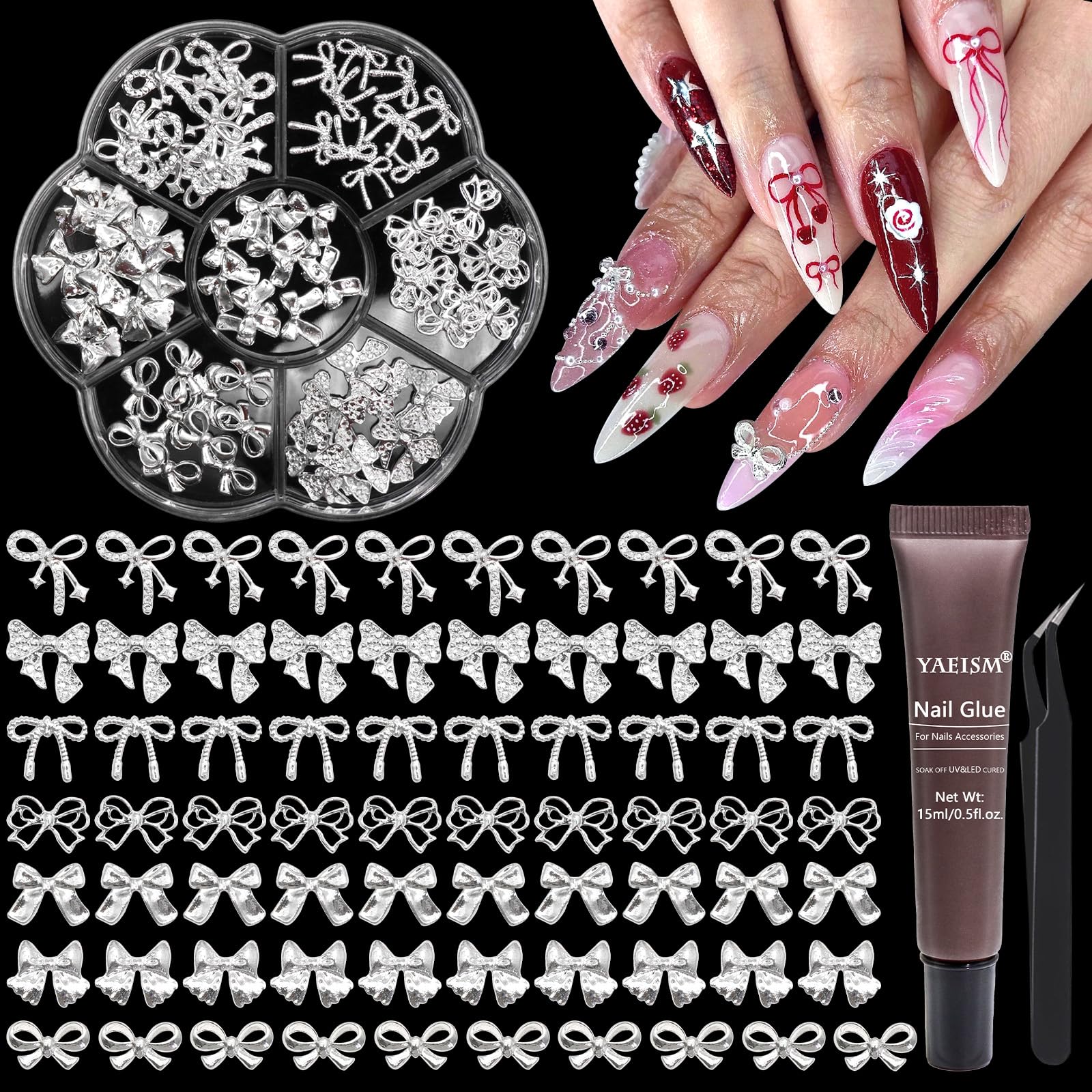 YAEISM bow nail charms add a silver accent for DIY nails.