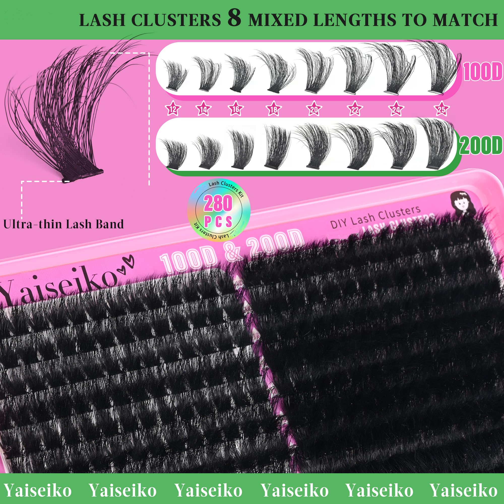 Yaiseiko lash clusters kit 12-25mm dramatic length for customizable eye shapes