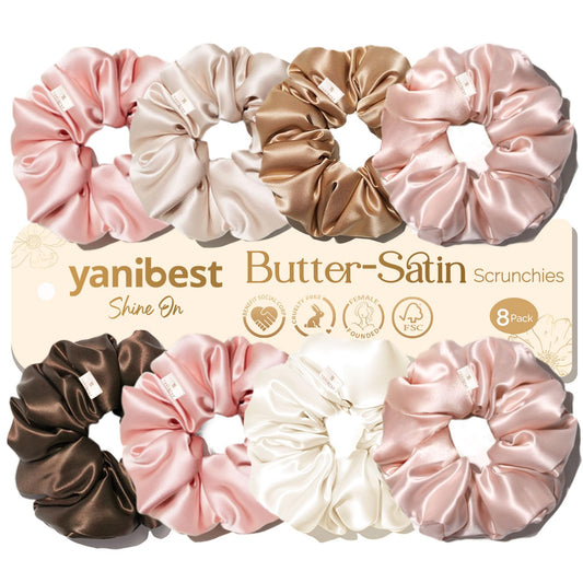 Yanibest 8-pcs satin scrunchies pack, soft butter satin for gentle all-day wear.