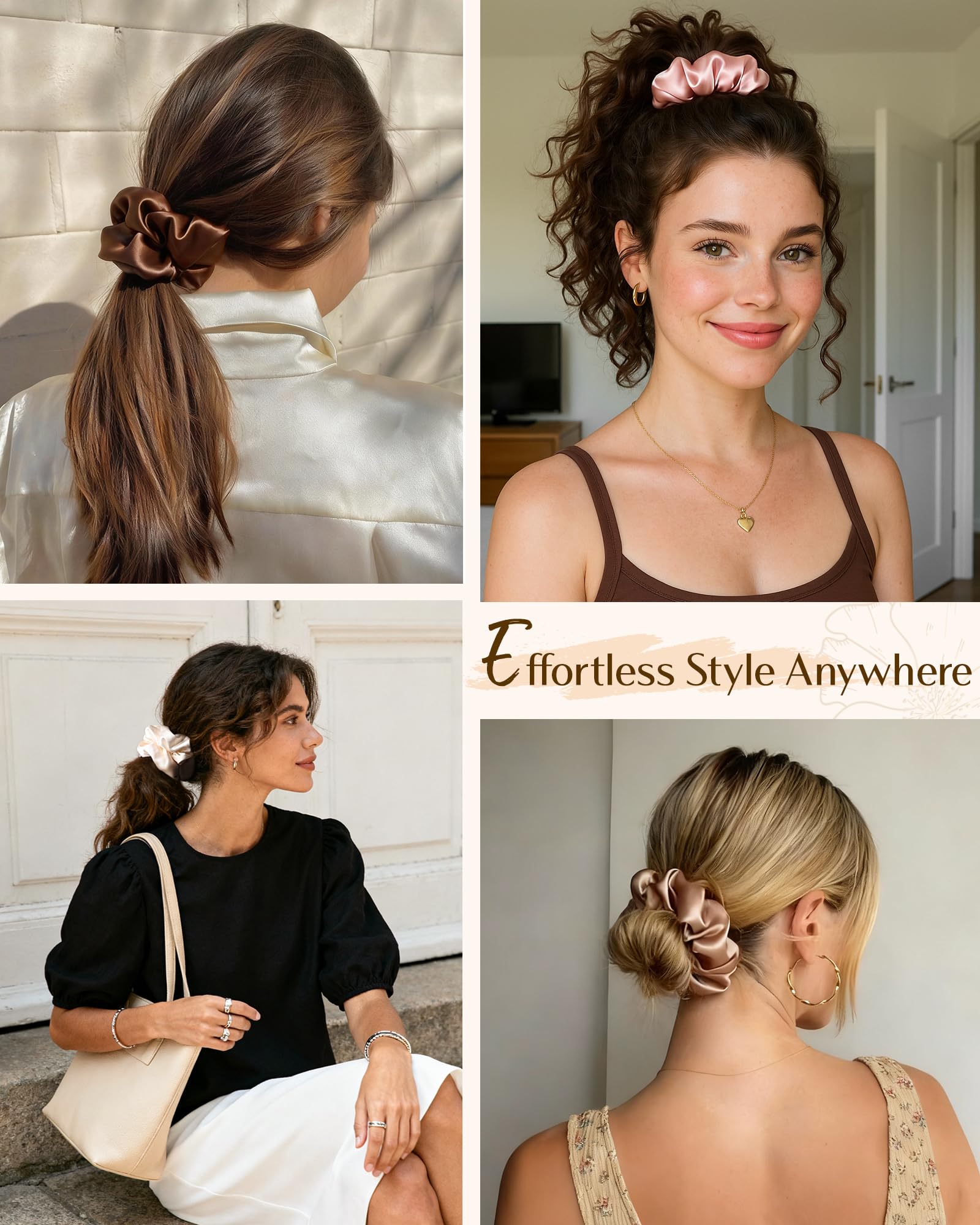 Yanibest satin scrunchies on ponytail highlight gentle hold for textured hair.