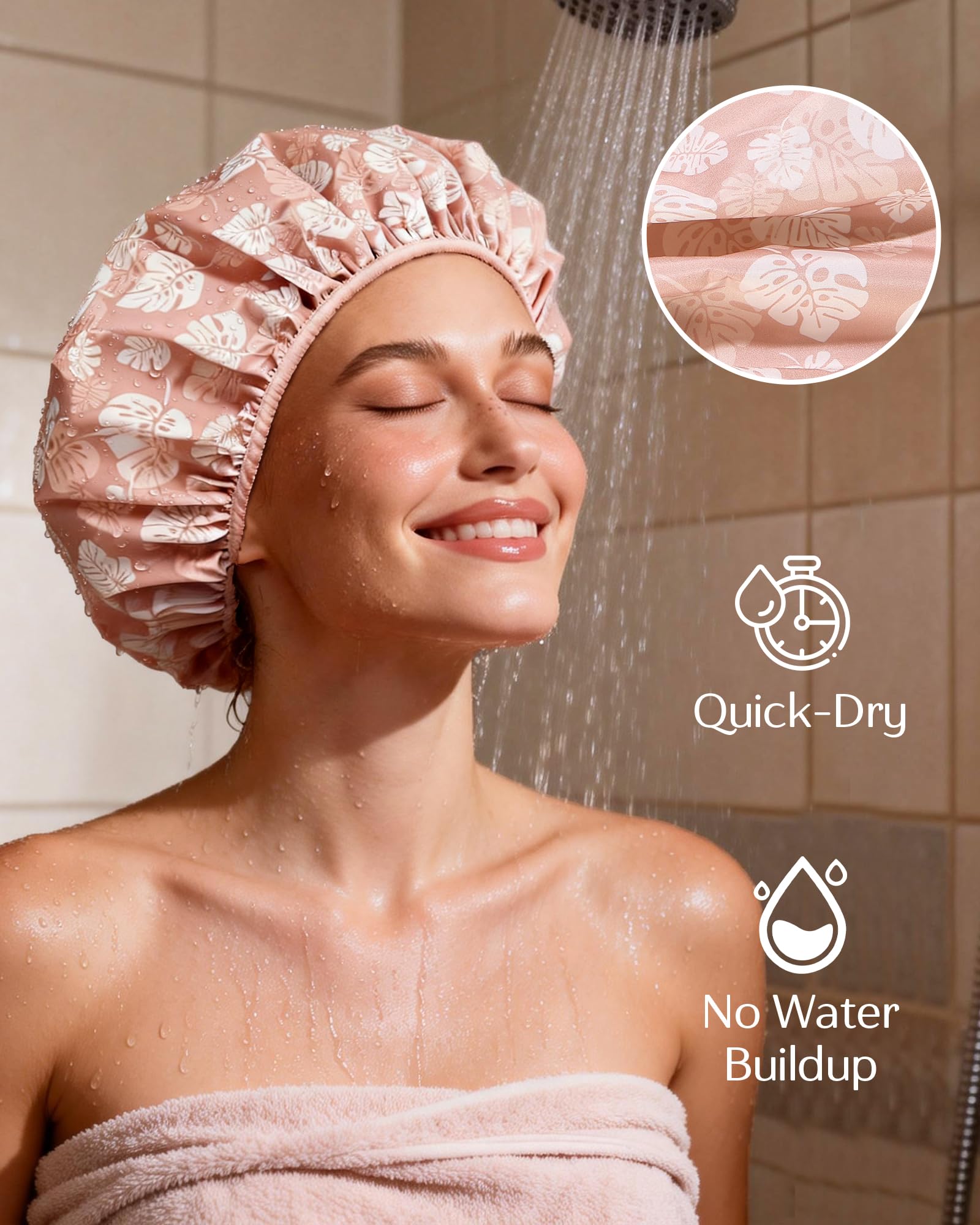Yanibest shower cap satin interior protects hair from friction during wear.